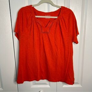 Talbots Womens Size XLP Short Sleeve Orange V-Neck T-Shirt Eyelet Trim